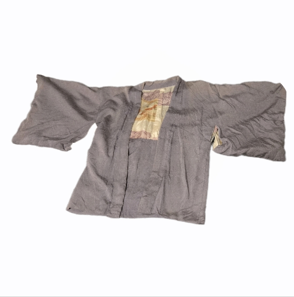 Vintage Silk Haori Kimono Jacket – Purple-Grey, Floral Lining